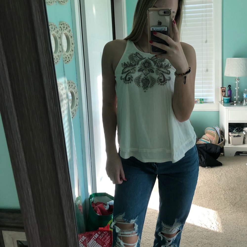 white racerback tank w/ beading